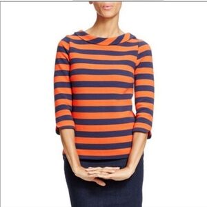 Boden Womens Marion Striped Top Navy Orange 3/4 Sleeve Boatneck Blouse Size 2